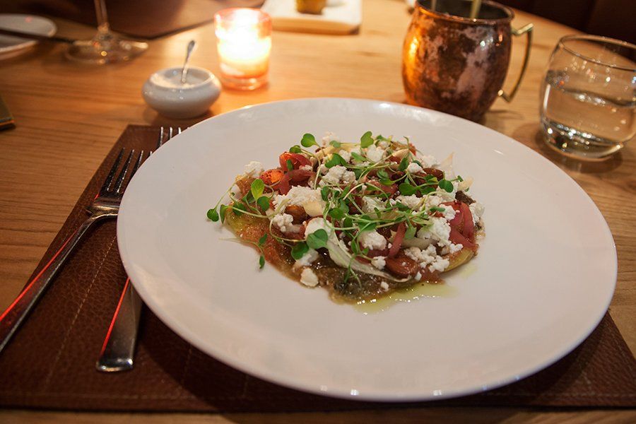 Fig Carpaccio with Hoja Santa Goat Cheese and Smoked Almonds ($17)<br>